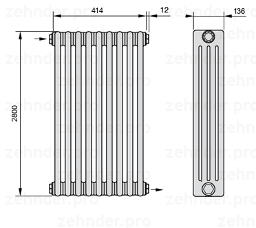 Схема (чертеж) Радиатор Zehnder Charleston 4280/9 №1670 Белый глянцевый RAL 9016